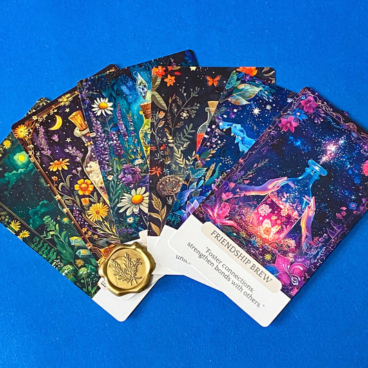 potion oracle cards pack with botanical and celestial illustrations, 6 card set with wax seal presentation, mystical apothecary style gift