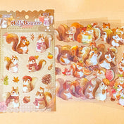 cute squirrel kawaii sticker pack of 6 clear plastic PET sheets with adorable squirrels illustrations and food, nuts, autumn leaves and treats