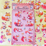 cute foxes kawaii sticker pack of 6 clear plastic PET sheets with adorable fox illustrations and food, mushrooms and flowers