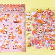 cute foxes kawaii sticker pack of 6 clear plastic PET sheets with adorable fox illustrations and food, mushrooms and flowers
