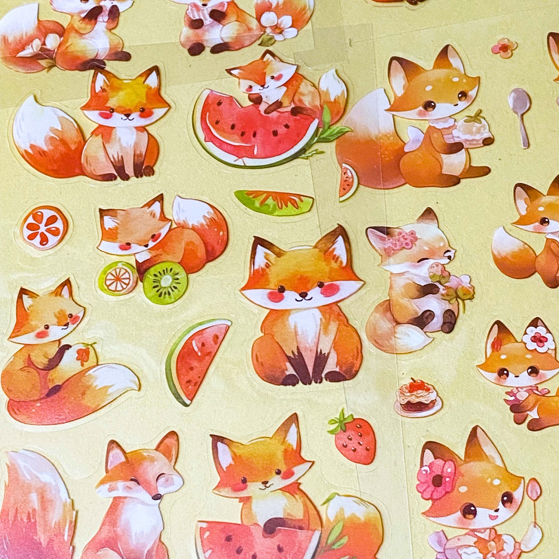 cute foxes kawaii sticker pack of 6 clear plastic PET sheets with adorable fox illustrations and food, mushrooms and flowers