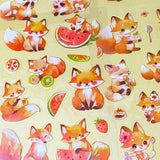cute foxes kawaii sticker pack of 6 clear plastic PET sheets with adorable fox illustrations and food, mushrooms and flowers