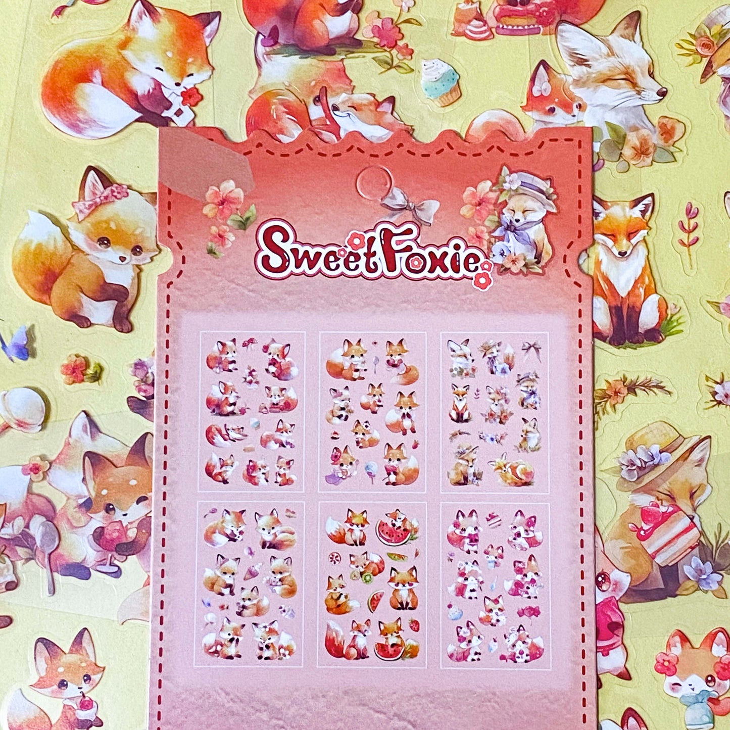 cute foxes kawaii sticker pack of 6 clear plastic PET sheets with adorable fox illustrations and food, mushrooms and flowers
