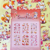 cute foxes kawaii sticker pack of 6 clear plastic PET sheets with adorable fox illustrations and food, mushrooms and flowers