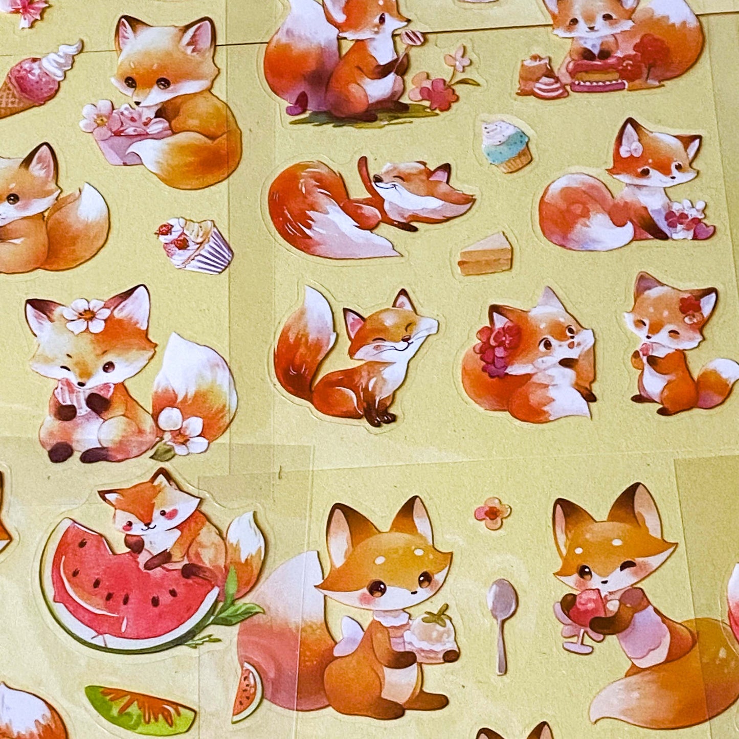 cute foxes kawaii sticker pack of 6 clear plastic PET sheets with adorable fox illustrations and food, mushrooms and flowers