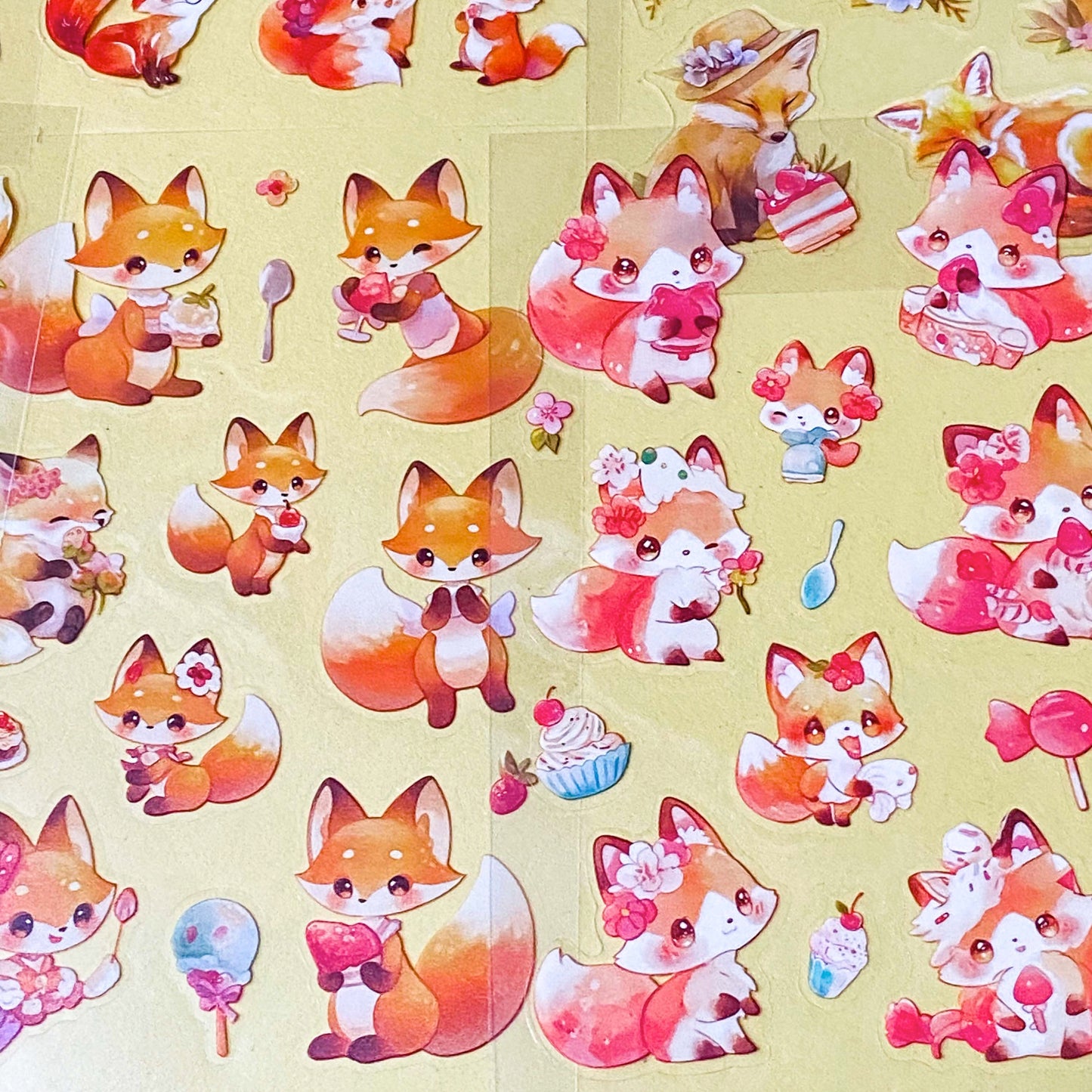 cute foxes kawaii sticker pack of 6 clear plastic PET sheets with adorable fox illustrations and food, mushrooms and flowers