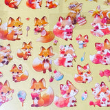 cute foxes kawaii sticker pack of 6 clear plastic PET sheets with adorable fox illustrations and food, mushrooms and flowers