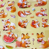 cute foxes kawaii sticker pack of 6 clear plastic PET sheets with adorable fox illustrations and food, mushrooms and flowers