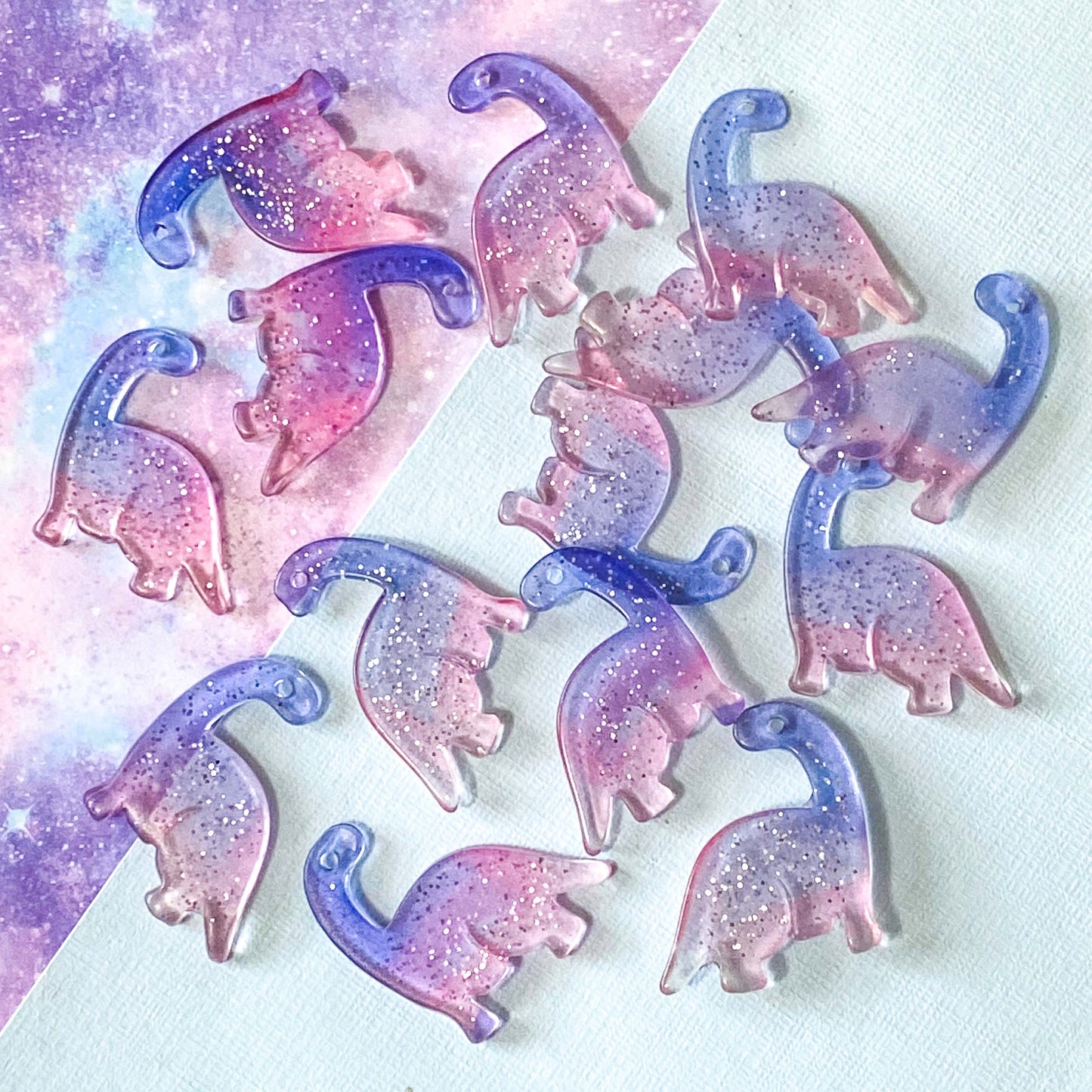 glittery glittery charm pendant charms pendants large big dino dinosaur dinosaurs pink lilac purple silver sparkly uk cute kawaii craft supplies shop store jewellery making flat transparent translucent clear ombre