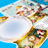 large alice inspired mushroom snow globe PET sticker scene set with transparent stickers, clocks, teacups, white rabbit and wonderland characters