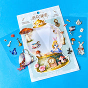 large alice inspired mushroom snow globe PET sticker scene set with transparent stickers, clocks, teacups, white rabbit and wonderland characters