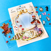alice inspired red queen of hearts snow globe PET sticker scene set with transparent wonderland stickers, roses, playing cards, soldiers, guards, chess, pocket watch