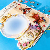 alice inspired red queen of hearts large card snow globe and clear PET sticker scene set with transparent wonderland stickers, roses, playing cards, soldiers, guards, chess, pocket watch