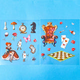 alice inspired red queen of hearts snow globe PET sticker scene set with transparent wonderland stickers, roses, playing cards, soldiers, guards, chess, pocket watch
