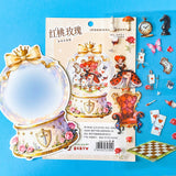 alice inspired red queen of hearts snow globe PET sticker scene set with transparent wonderland stickers, roses, playing cards, soldiers, guards, chess, pocket watch