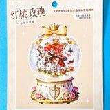 alice inspired red queen of hearts snow globe PET sticker scene set with transparent wonderland stickers, roses, playing cards, soldiers, guards, chess, pocket watch