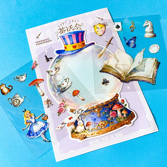 alice inspired mad hatter tea party snow globe PET sticker scene set with transparent stickers, card scene and teacups, books, mushrooms and cheshire cat illustrations