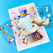 alice inspired mad hatter tea party snow globe PET sticker scene set with transparent stickers, card scene and teacups, books, mushrooms and cheshire cat illustrations