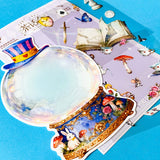 alice inspired mad hatter tea party snow globe PET sticker scene set with transparent stickers, card scene and teacups, books, mushrooms and cheshire cat illustrations