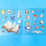 alice inspired mad hatter tea party snow globe PET sticker scene set with transparent stickers, card scene and teacups, books, mushrooms and cheshire cat illustrations