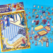 cinderella fairytale scene building sticker kit featuring a ballroom card backdrop, clear decorative stickers, magical carriage, chandeliers, fairy godmother and castle accessories. uk cute and kawaii stationery shop.