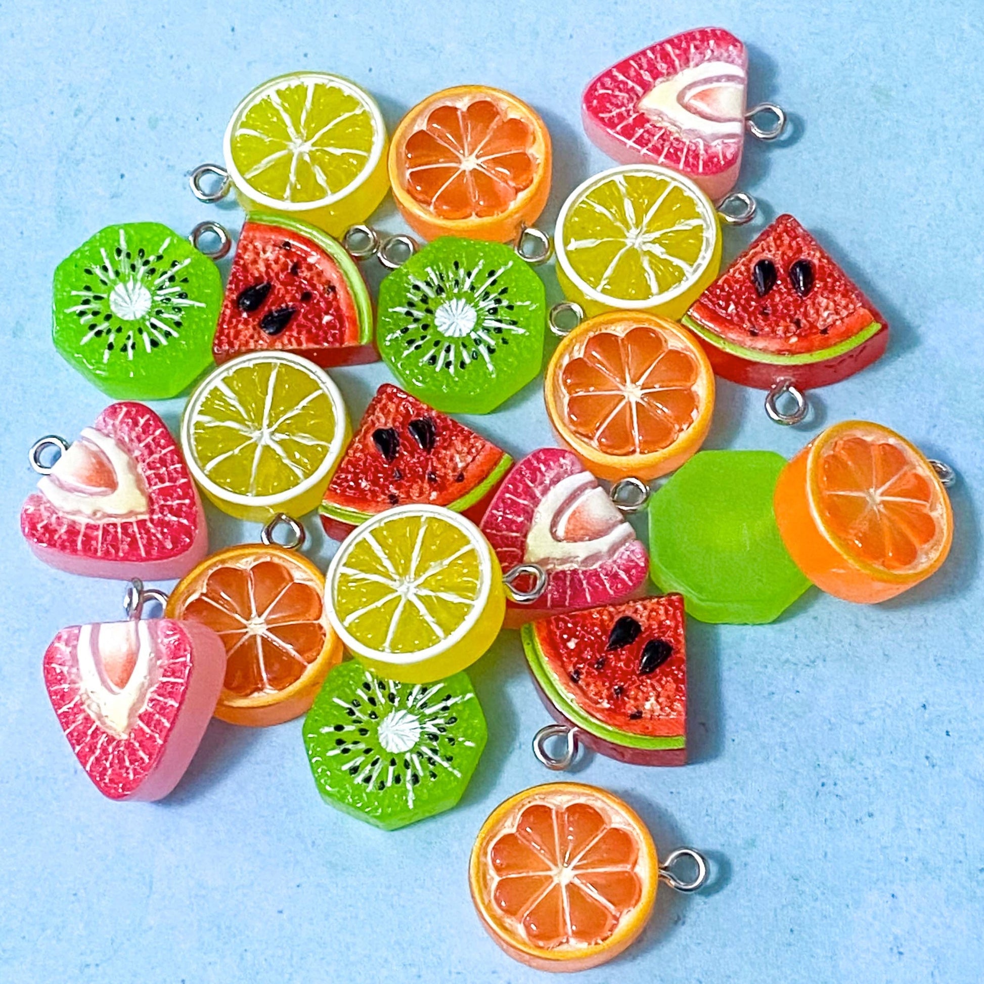 fruit fruits resin acrylic charm charms pendant pendants cute kawaii uk craft supplies shop store pretty fun colouful strawberry kiwi orange lemon watermelon