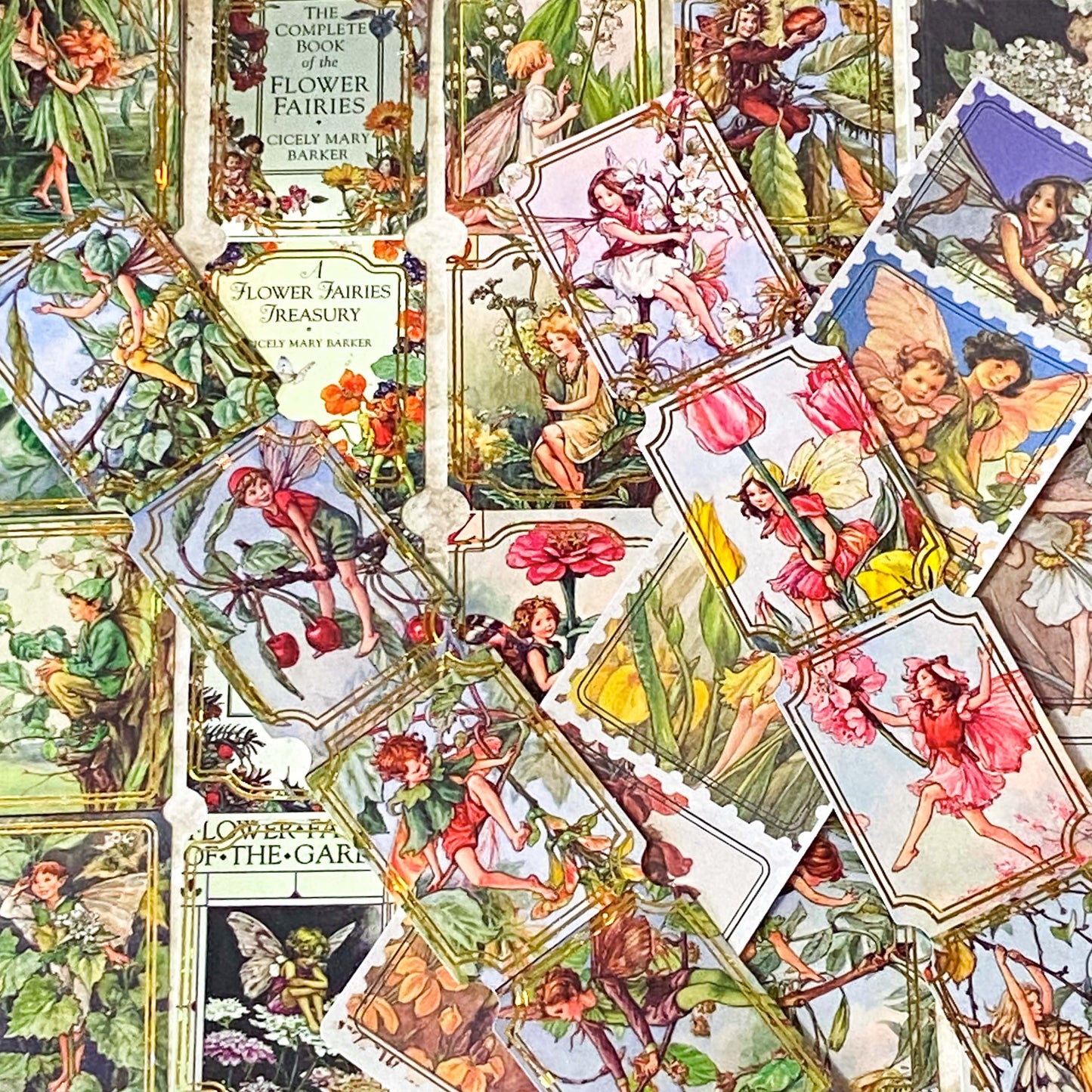vintage cicely mary barker flower fairies stickers on PET and matte paper to cut up and use in journals and planners. Gold Foiled rectangular fairy illustrations. 