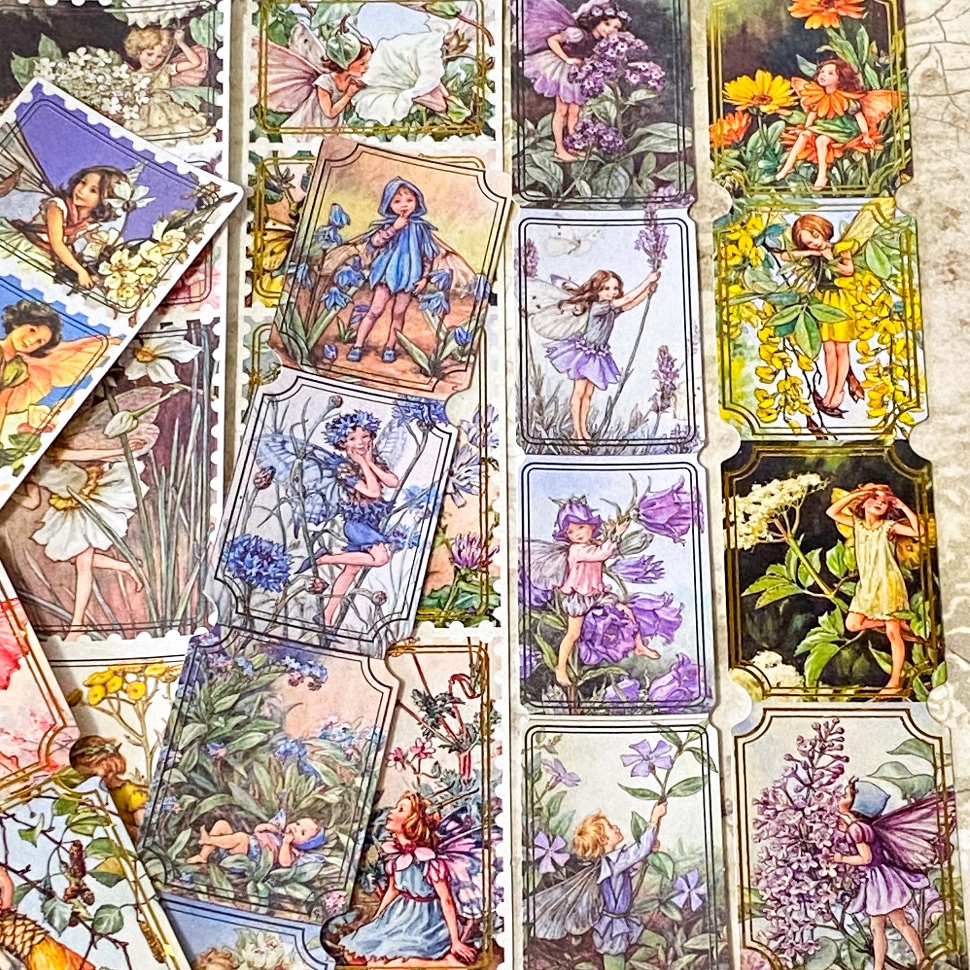 vintage cicely mary barker flower fairies stickers on PET and matte paper to cut up and use in journals and planners. Gold Foiled rectangular fairy illustrations. 