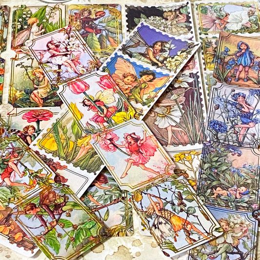 vintage cicely mary barker flower fairies stickers on PET and matte paper to cut up and use in journals and planners. Gold Foiled rectangular fairy illustrations. 
