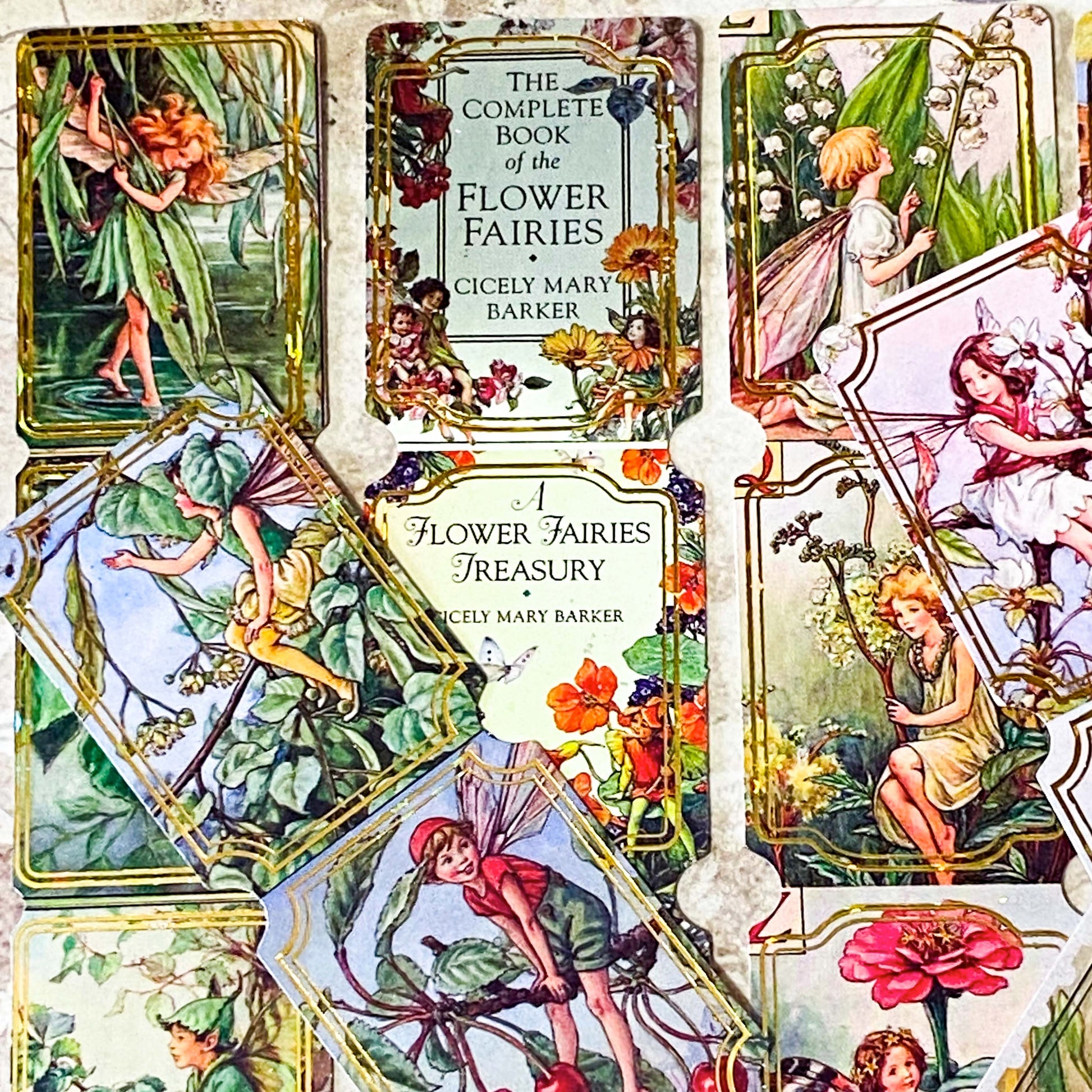 vintage cicely mary barker flower fairies stickers on PET and matte paper to cut up and use in journals and planners. Gold Foiled rectangular fairy illustrations. 