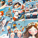 winter postcard post card cards cute kawaii set pack of 3  beautiful snowy christmas stationery uk shop store planner addict 3d sewn sewing embroidery felt fox foxes tree trees girl girls snowman blue orange colourful bright vibrant