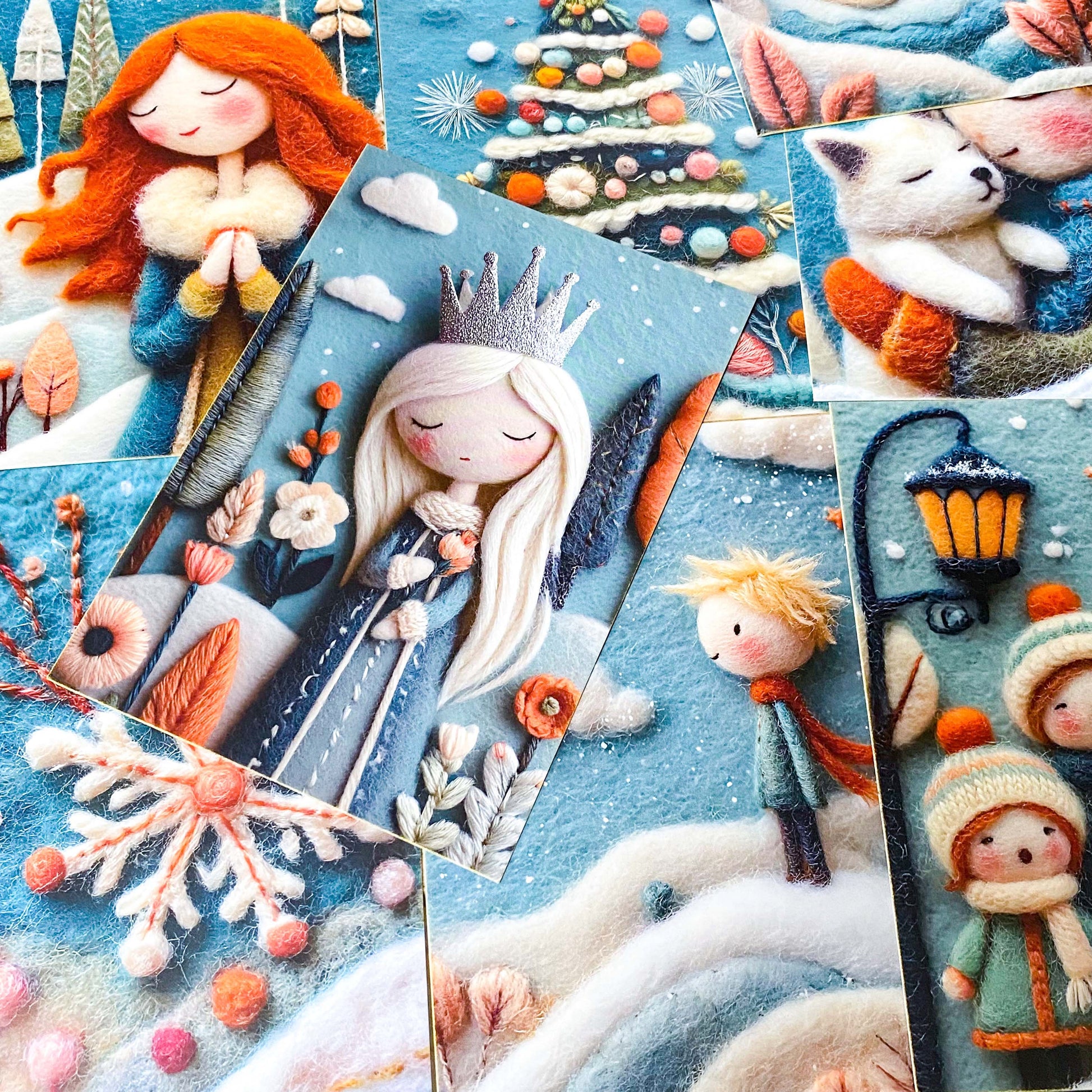 winter postcard post card cards cute kawaii set pack of 3  beautiful snowy christmas stationery uk shop store planner addict 3d sewn sewing embroidery felt fox foxes tree trees girl girls snowman blue orange colourful bright vibrant