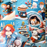winter postcard post card cards cute kawaii set pack of 3  beautiful snowy christmas stationery uk shop store planner addict 3d sewn sewing embroidery felt fox foxes tree trees girl girls snowman blue orange colourful bright vibrant