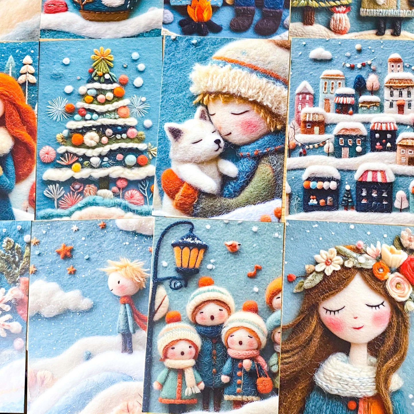 winter postcard post card cards cute kawaii set pack of 3  beautiful snowy christmas stationery uk shop store planner addict 3d sewn sewing embroidery felt fox foxes tree trees girl girls snowman blue orange colourful bright vibrant