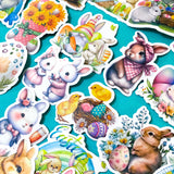 large bundle of spring and easter laptop stickers with easter eggs, bunny rabbits, gnomes and baskets illustrations. bargain stationery bundles uk.