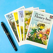 vintage ladybird nature book cover postcards set featuring honey bee, garden flowers and british birds illustrations