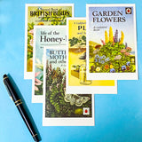 set of 5 ladybird vintage book cover postcards with a nature and wildlife theme on a blue background