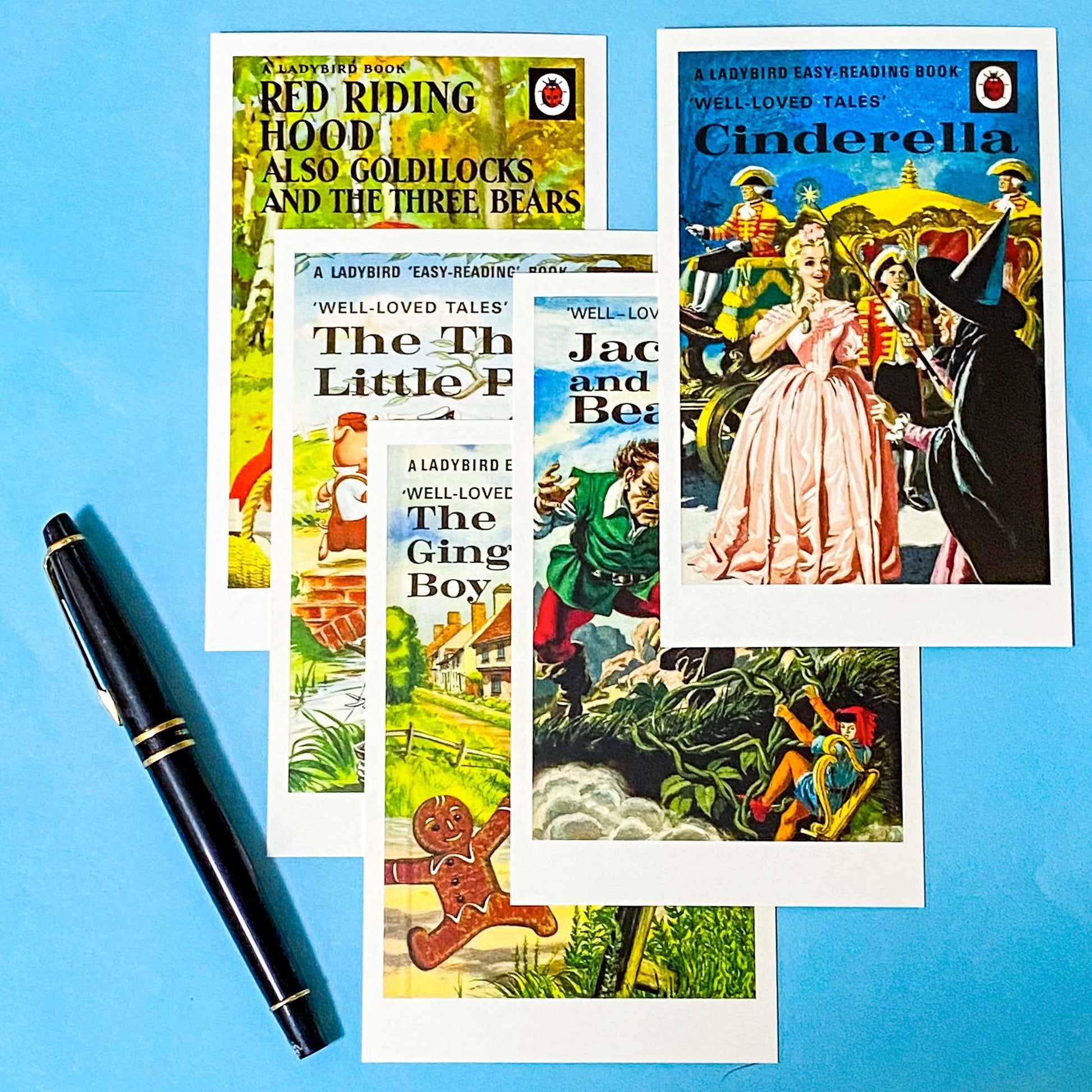 vintage ladybird fairy tale postcards set of 5 featuring Cinderella, Red Riding Hood, Jack and The Beanstalk packaged set