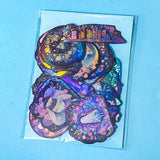 dark holo laptop stickers set of 50 with a witchy woodland theme on a blue background