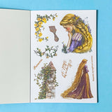 sticker book of 18 sheets of clear and translucent washi paper stickers of rapunzel fairytale on a blue background
