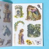 sticker book of 18 sheets of clear and translucent washi paper stickers of rapunzel fairytale on a blue background