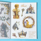 Sticker book with princess, castle, horse, and other rapunzel stickers on a blue background