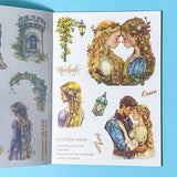 sticker book of 18 sheets of clear and translucent washi paper stickers of rapunzel fairytale on a blue background