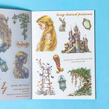 sticker book of 18 sheets of clear and translucent washi paper stickers of rapunzel fairytale on a blue background