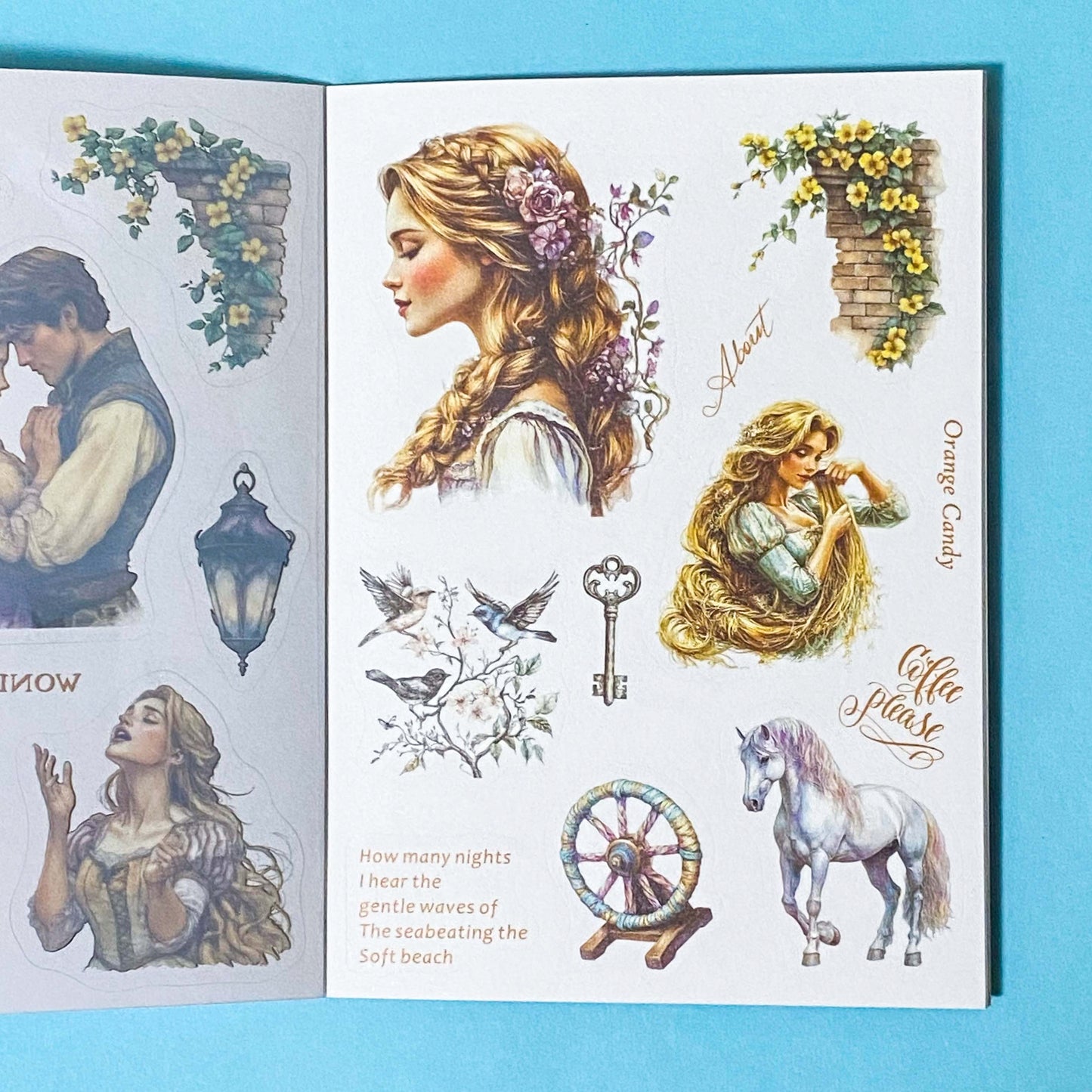 sticker book of 18 sheets of clear and translucent washi paper stickers of rapunzel fairytale on a blue background