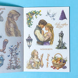 sticker book of 18 sheets of clear and translucent washi paper stickers of rapunzel fairytale on a blue background