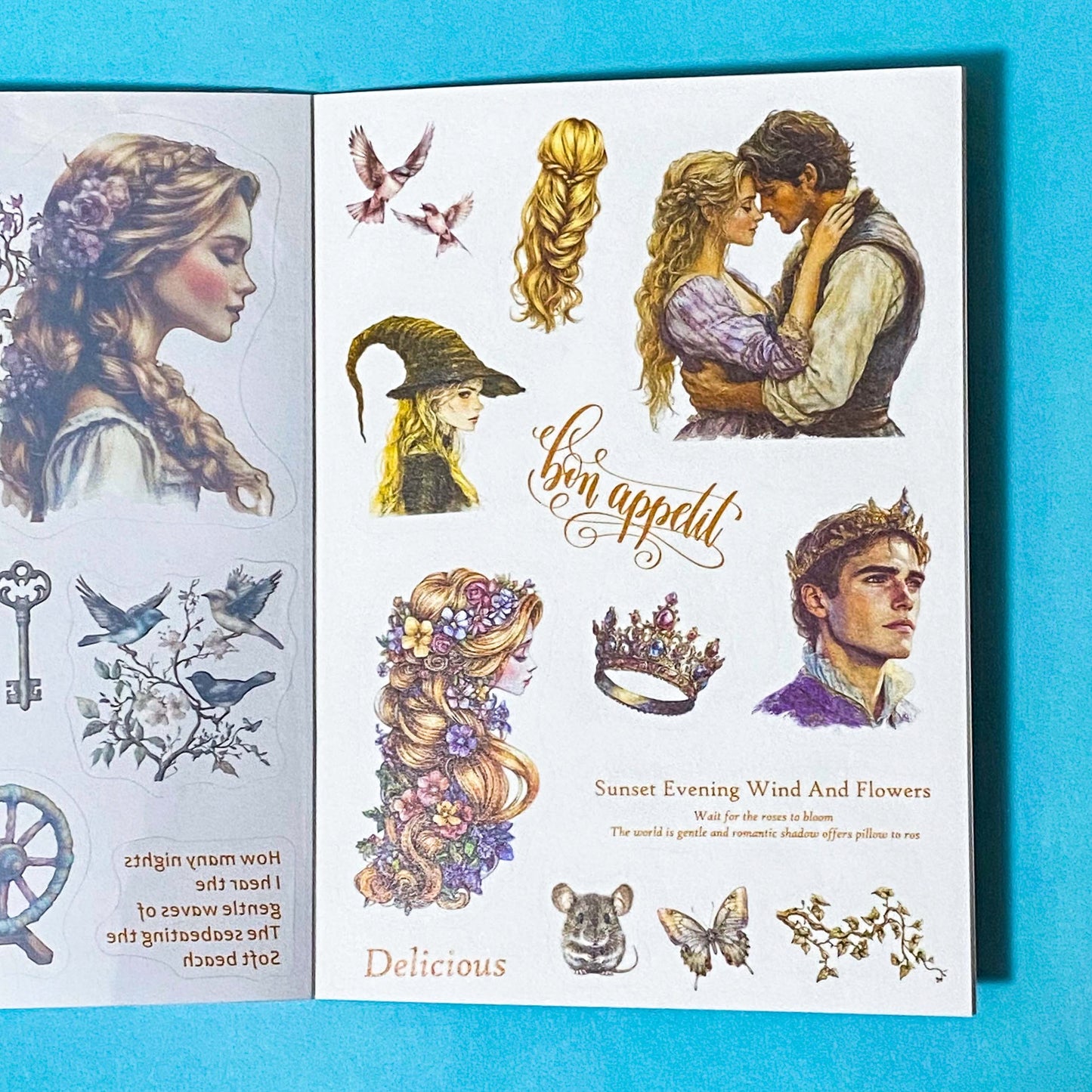 sticker book of 18 sheets of clear and translucent washi paper stickers of rapunzel fairytale on a blue background
