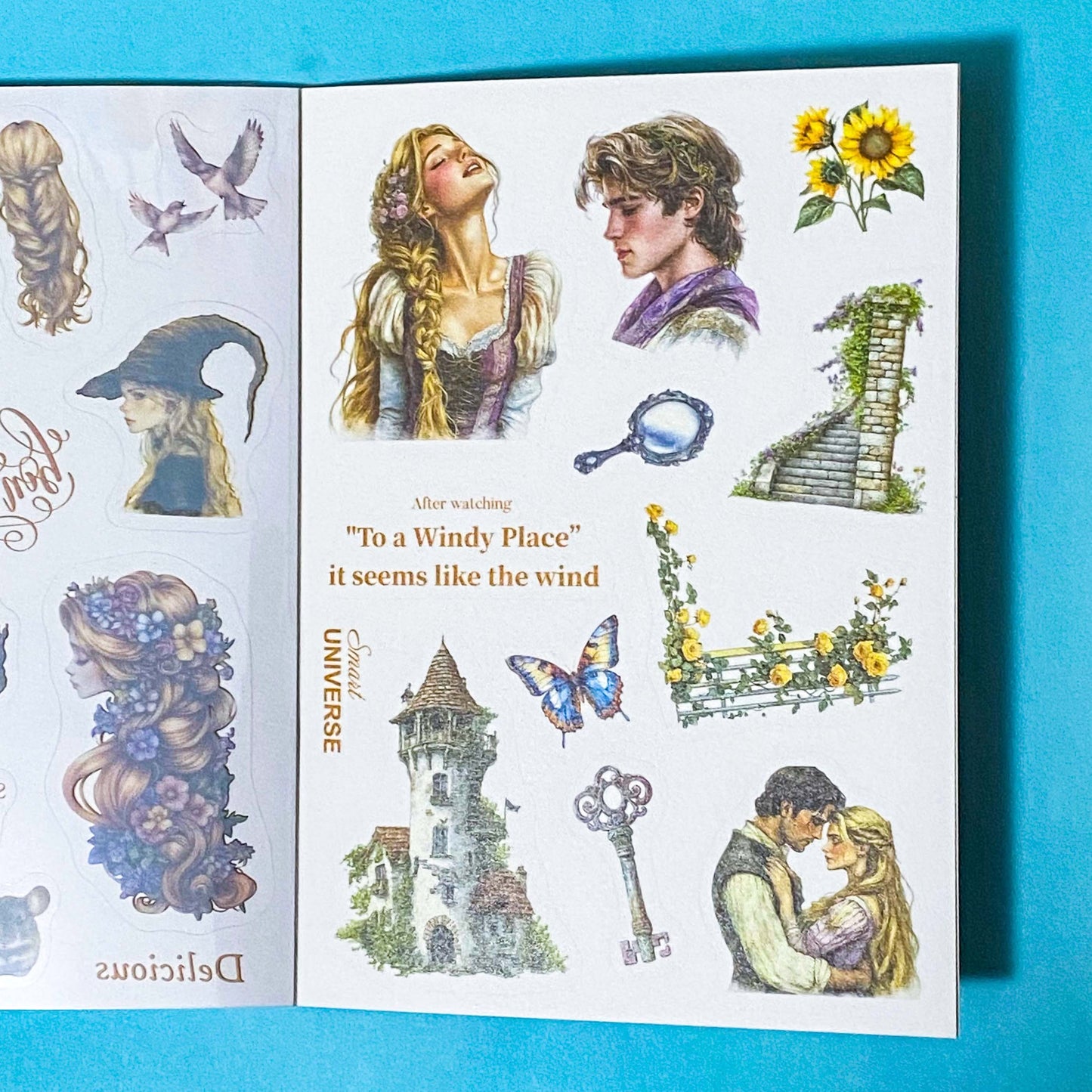 sticker book of 18 sheets of clear and translucent washi paper stickers of rapunzel fairytale on a blue background