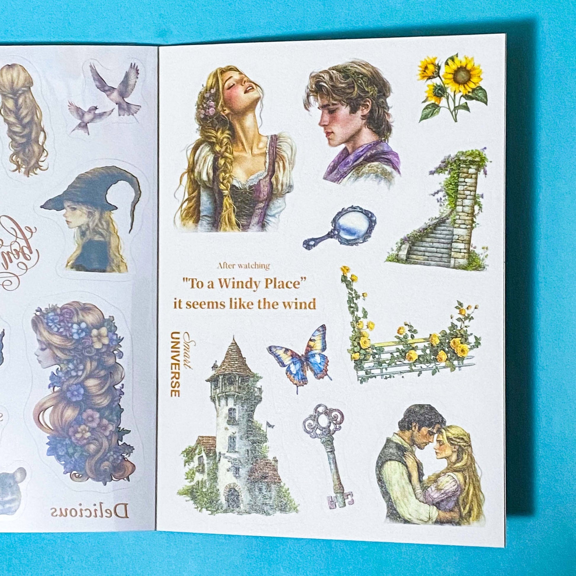 sticker book of 18 sheets of clear and translucent washi paper stickers of rapunzel fairytale on a blue background