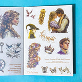 sticker book of 18 sheets of clear and translucent washi paper stickers of rapunzel fairytale on a blue background